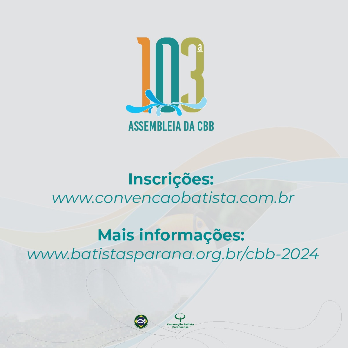 batistasdacbb's tweet photo. Estão abertas as inscrições para a 103ª Assembleia da CBB, que será realizada de 25 a 28 de janeiro de 2024, na cidade de Foz do Iguaçu.
Inscrições: https://t.co/s2vuPmh4U7
Hotsite: https://t.co/YKdNijZq0N
Esperamos vocês em Foz do Iguaçu!
#CBB #CBP #103Assembleia #CBB24 https://t.co/YVWqtHGYZ4