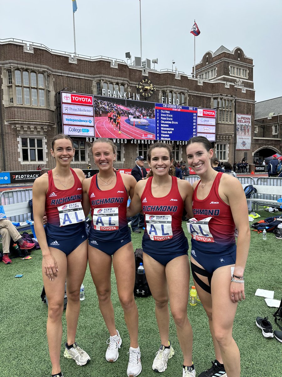 RichmondXCTF's tweet photo. The Spiders placed 6th in the 2023 Penn Relays Championship of America 4X800M. Their 8:38.27 effort is the #2 mark in program history.
(L-R) Kyra Keurentjes (2:05.74), Kayla O'Connell (2:09.74), Kate McAndrew (2:09.71) Caroline Donohoe (2:13.09).
#oneRichmond #rva #runRVA https://t.co/LBRIEpDvYa
