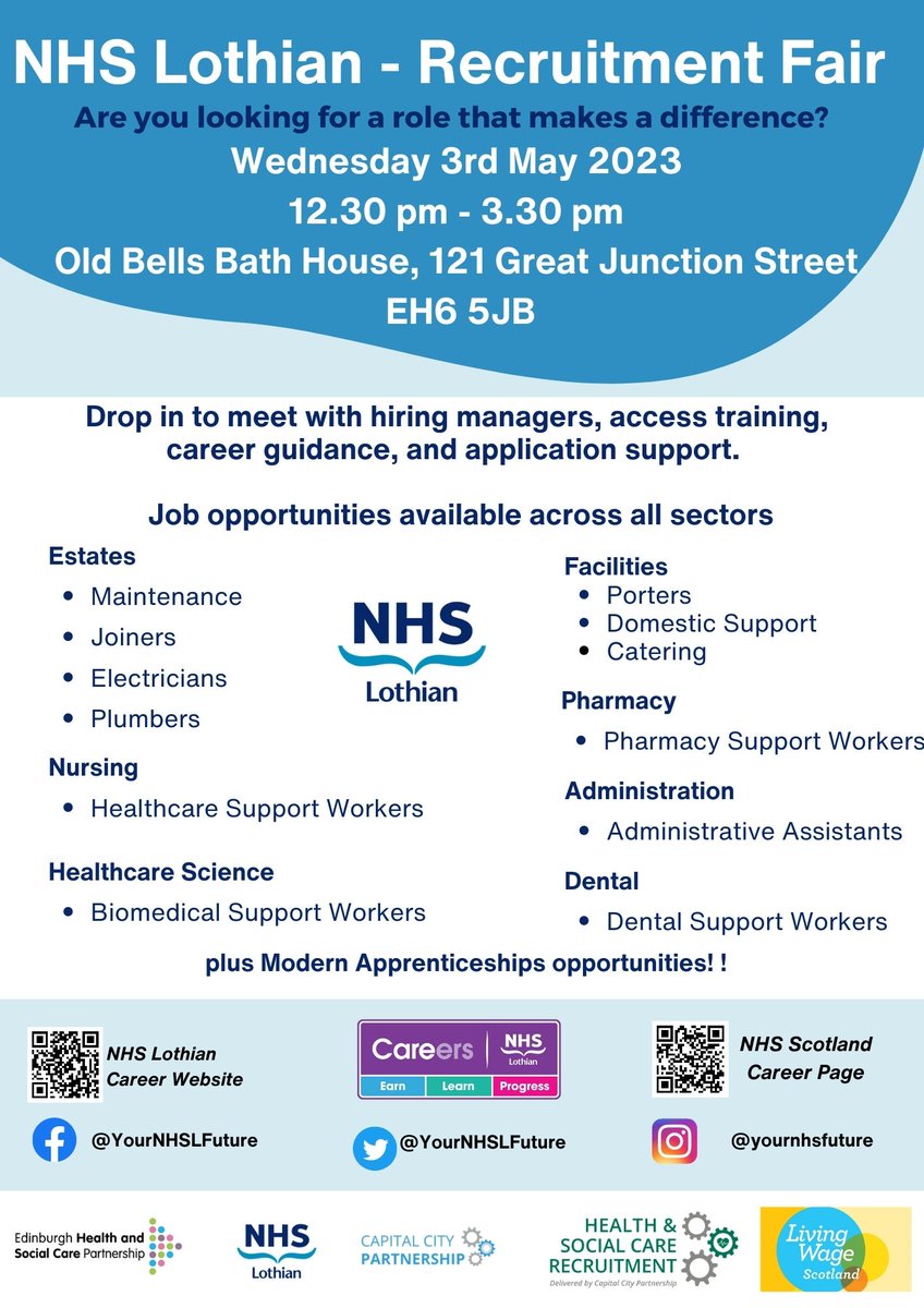 We are looking forward to our NHS Lothian Event this Wednesday - 3rd May 12:30 - 15:30 at Dr Bells Baths - 121 Great Junction Street, EH6 5JB

Please come along and find out about a career in the NHS!

Hope to see you there!

#healthcare #healthcarejobs #NHS #NHSjobs