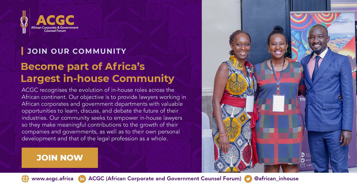 Join Africa's largest in-house community today at lnkd.in/eei2Kj72

Follow us on Twitter, LinkedIn and subscribe to our Youtube page.

#ACGC #AfricanInHouseCounsel #Community #BecomeAMember #Corporatelawyers #LegalCounsel