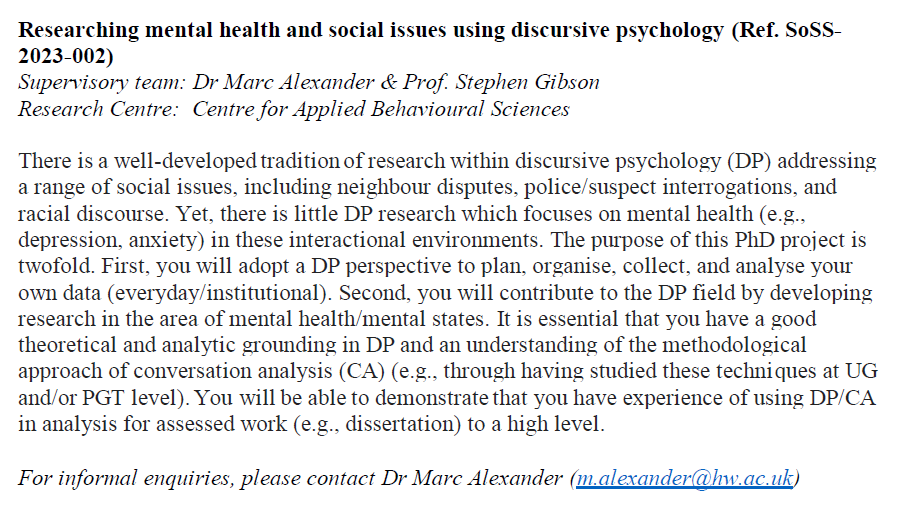 Come and do a *funded* PhD with me and Prof Stephen Gibson in Edinburgh🏴󠁧󠁢󠁳󠁣󠁴󠁿! You must have discursive psychology and conversation analysis experience. Deadline 1 June. Project details below, apply here 👉hw.ac.uk/uk/scholarship… #discursivepsychology #emca