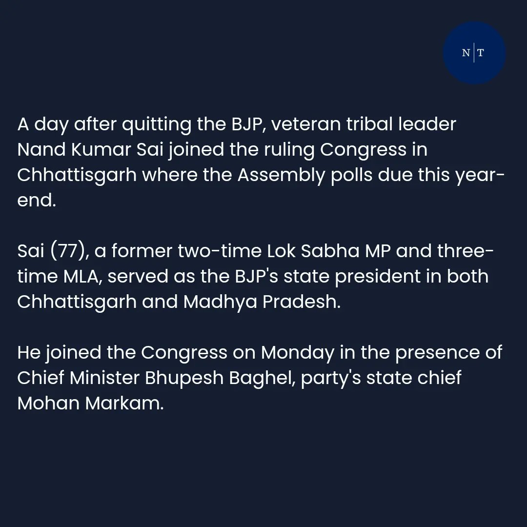 Tribal leader Nand Kumar Sai joins Congress after quitting BJP
@INCIndia @BJP4India
#Chattisgarh #TribalLeader #NandKumarSai #Congress #BJP #NagalandTribune