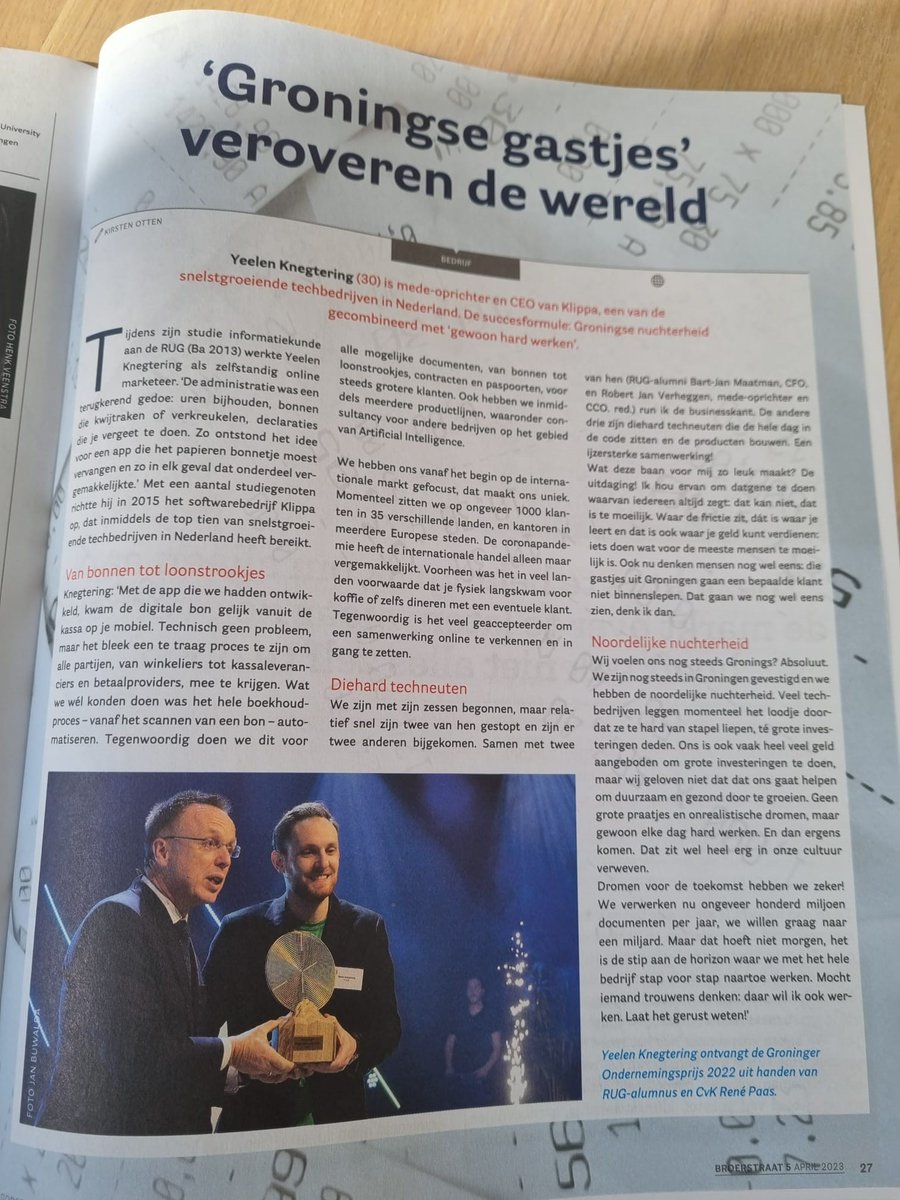 Mooi artikel over <a href="/KlippaApp/">Klippa🤳</a> in het Alumniblad van de Rijksuniversiteit Groningen. De winnaar van de Groninger Ondernemingsprijs 2022 hoort nu al bij de snelstgroeiende techbedrijven in Nederland! 
Wie  wordt dit jaar de opvolger van Klippa? De inschrijving sluit op 15 mei.