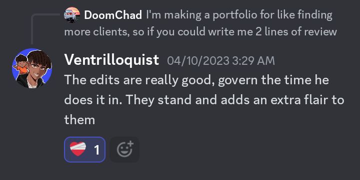 Doomchad8484's tweet photo. (my vid editing portfolio)

Vids I've done:
- https://t.co/p6dMX0fRZZ
- https://t.co/16Jqslqz21
- https://t.co/Mm9VEb86Bz
- https://t.co/RMnkbG5S1z

Here are the reviews I got from my clients: https://t.co/WOk53EHnCz