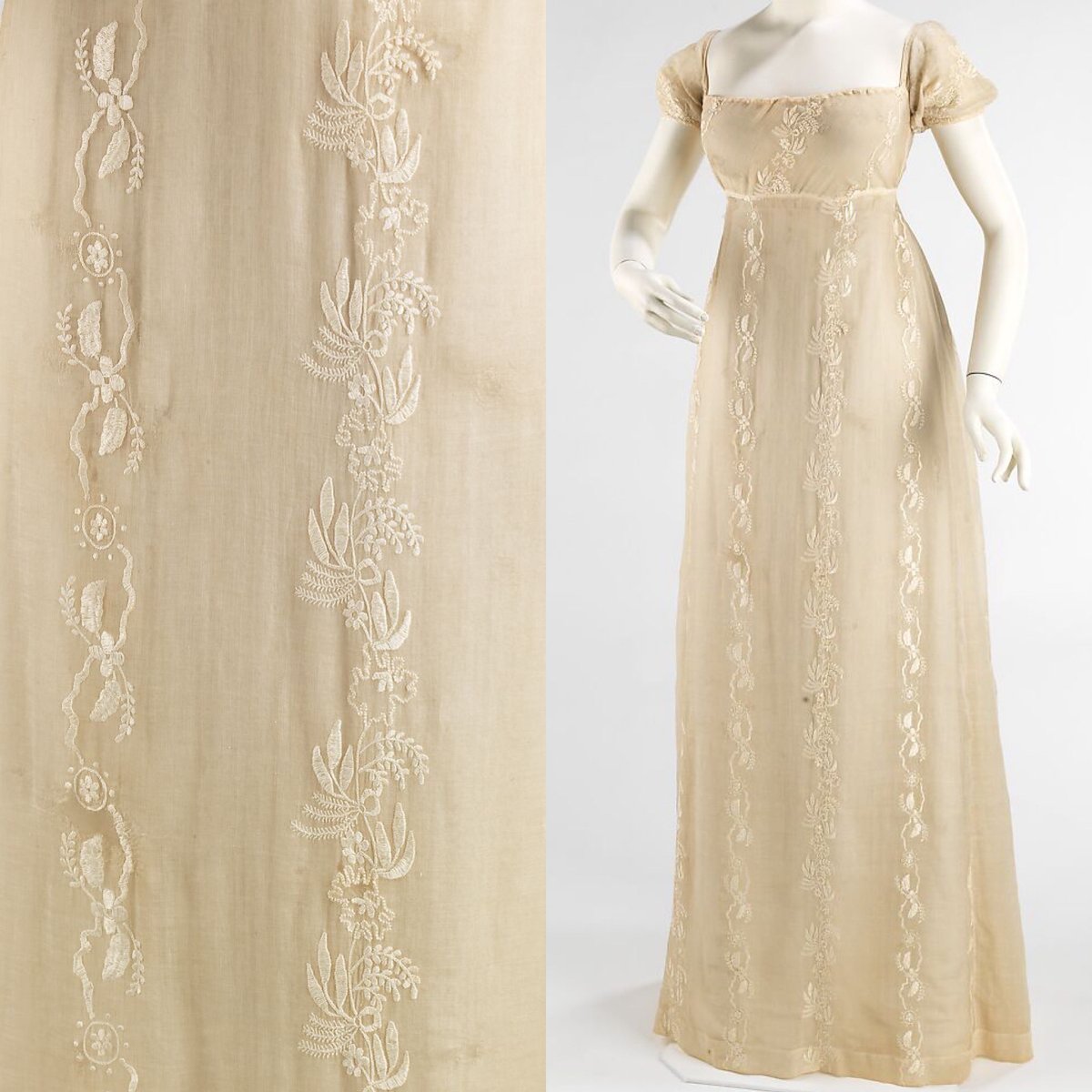 This c1810 evening dress was made using the finest #handembroidered Indian muslin, the fashionable fabric of choice during this period. The #whitework would have been highlighted by a candle flicker against the sheer weave of the cotton @metmuseum #fashionhistory