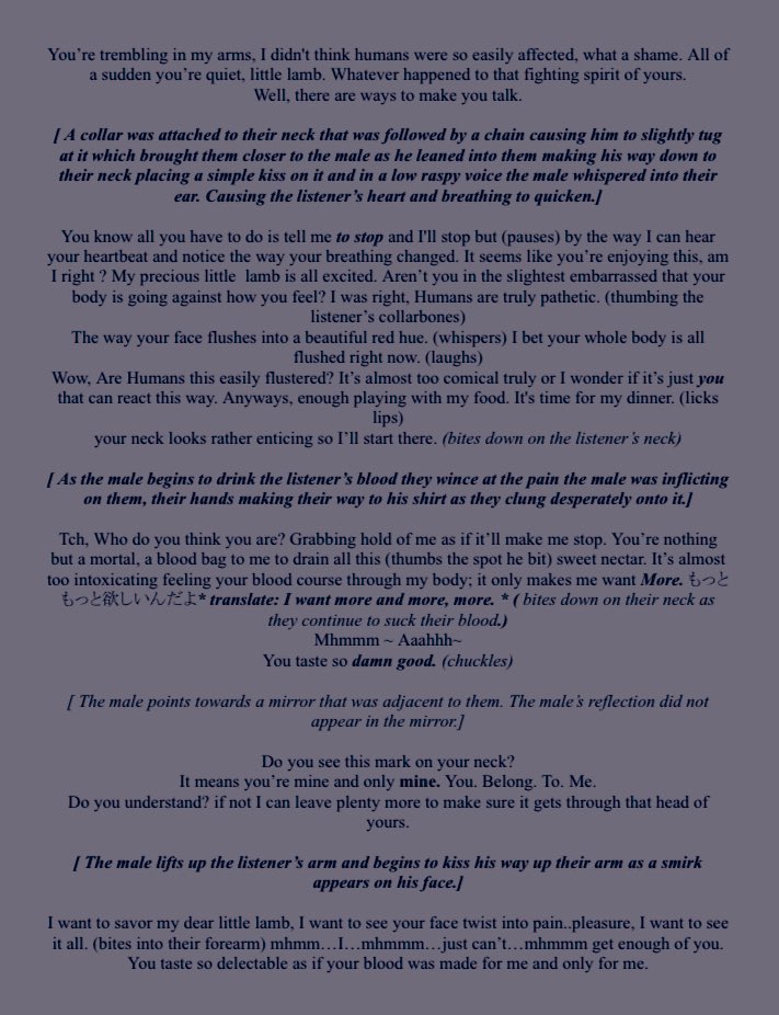 __miaomeow__'s tweet photo. Held Captive By A Sadistic Vampire Asmr Script
I really put my all into this script. I want to say it’s a full script?? ^^;
This one has (1/5 pages last page will be down below.)
I hope the wait was worth it! Also, this is technically sfw. lol
#DoppioDropscythe #Doppioscripts https://t.co/eGh1Xsy5Ei