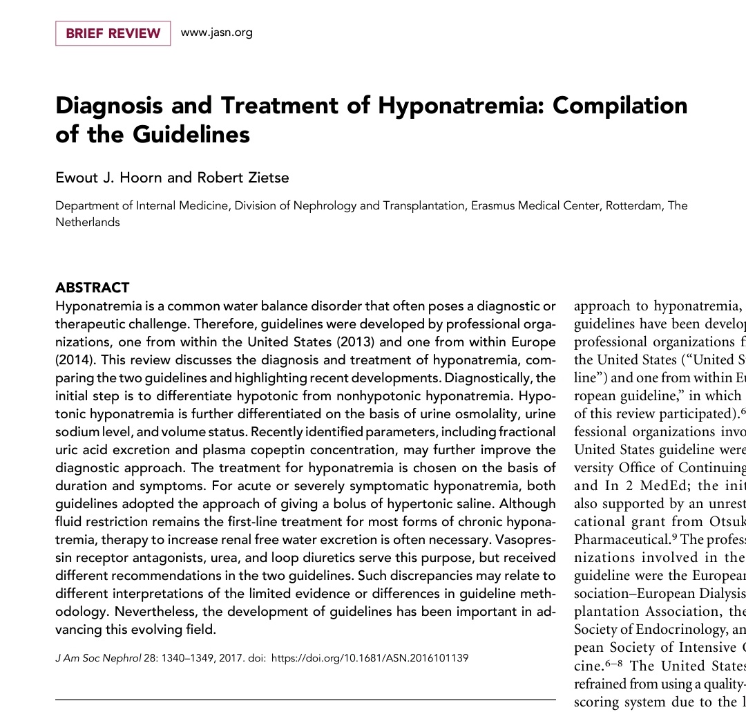 PEPJLHC's tweet photo. HYPONATREMIA GUIDELINES 🇺🇸🇪🇺
1️⃣ Discard Nonhypotonic cause
(Gluc ⬆️, trig⬆️ ,chol⬆️)
2️⃣ Real hypoNA
🚨Acute➡️ severe symptoms
NaCl3%(🥇bolus prefer)
🇺🇸100 ml bolus 🇪🇺150ml bolus
💦12.5🧪 (17.7%)+875cc SS0.9%
💦3🧪 (17.7%)+250cc SS0.9%
https://t.co/Q9woV6svnh
#NefroGea https://t.co/wcuMtH8QnE