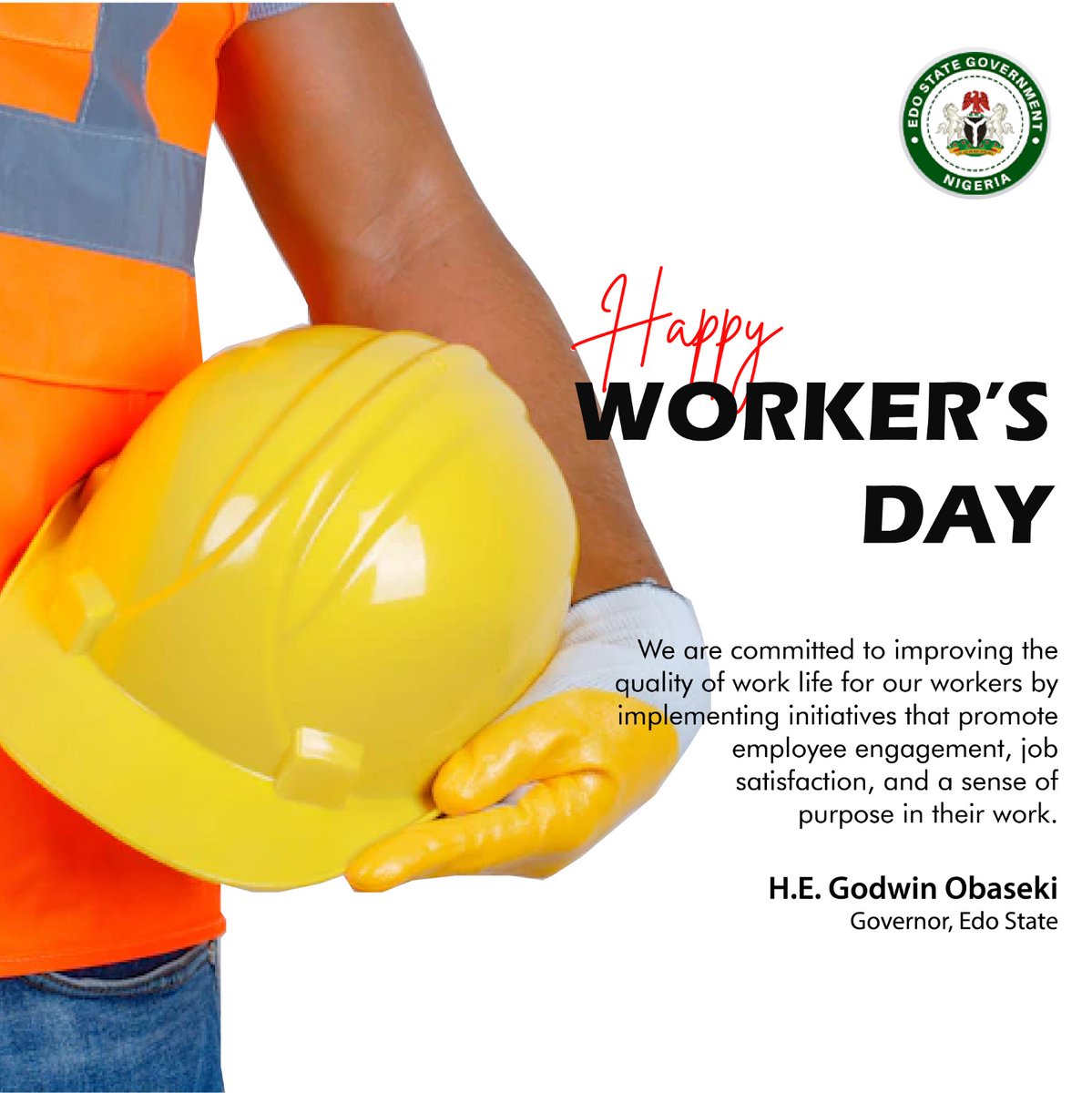 EdoStateGovt's tweet photo. To mark this year's #WorkersDay, @GovernorObaseki says the welfare of Edo workers’ remains a priority, as displayed by the continuous institutional reforms embarked upon by the Government.

Read more:
https://t.co/m9LmM4DdzS

#WorkersDay2023 #EdoMEGA #InvestinEdo https://t.co/UPqOBdMGja