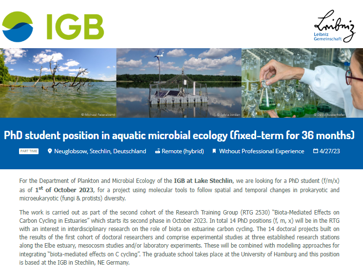 hpgrossart's tweet photo. We are offering a new PhD position at IGB in aquatic microbial ecology with a focus on molecular analysis of microbial communities in the Elbe River estuary as part of the graduate school BiCEst (Uni Hamburg).
https://t.co/qYWU9g9SHI https://t.co/RYAWpH0AwL