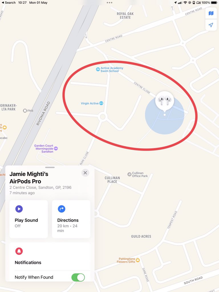 Dear virgin active @virginactiveSA whoever is stealing devices has access to all your gyms. They don’t realise that AirPod’s still transmit a signal even after a phone is wiped. Today they are in your sandton gym stealing phones.