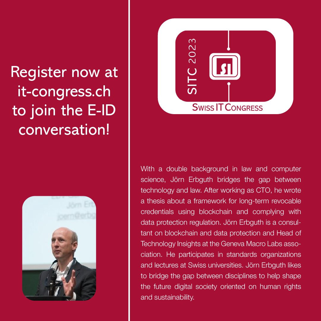 SI_Society's tweet photo. The final two speakers at the SITC 2023 bring an academic perspective to the topic of E-ID. Prof. Dr. Annett Laube will talk about “Swiss E-ID: Challenges and Chances” and Dr. Jörn Erbguth will present “Perpetual signatures, revocation and the right to be forgotten”. https://t.co/XZzMvIHzZo