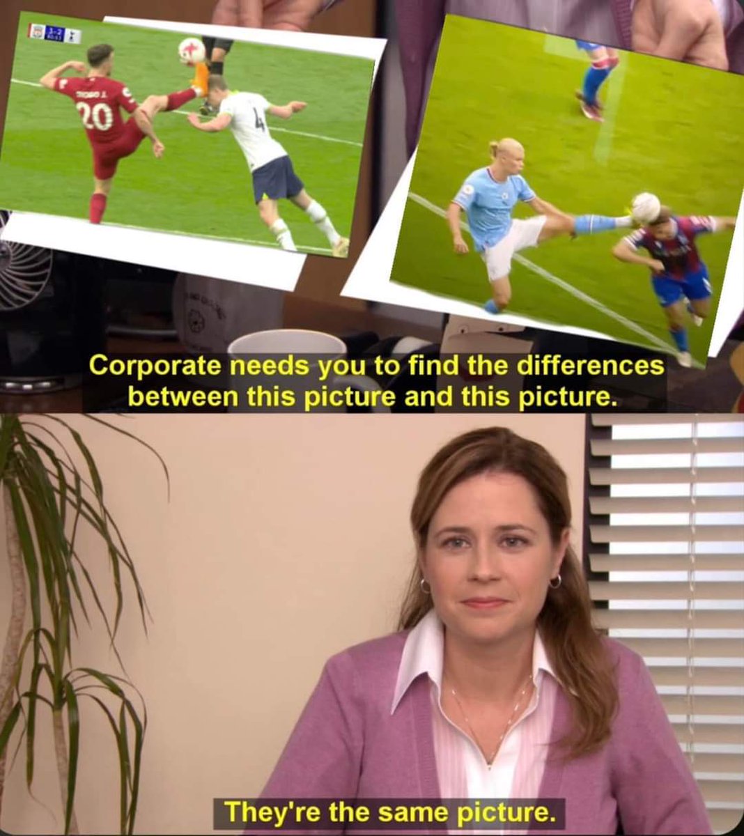 scousermitch761's tweet photo. Ok so all the so called football pundits ( experts MY ARSE ) claimed the haaland challenge was not a red card offense, however this from Jota yesterday was, please explain what the fuck is the difference between the two ( oh yeah it's because he is a Liverpool player ) 🤣🤣🤣 https://t.co/0V1HxMNZAW