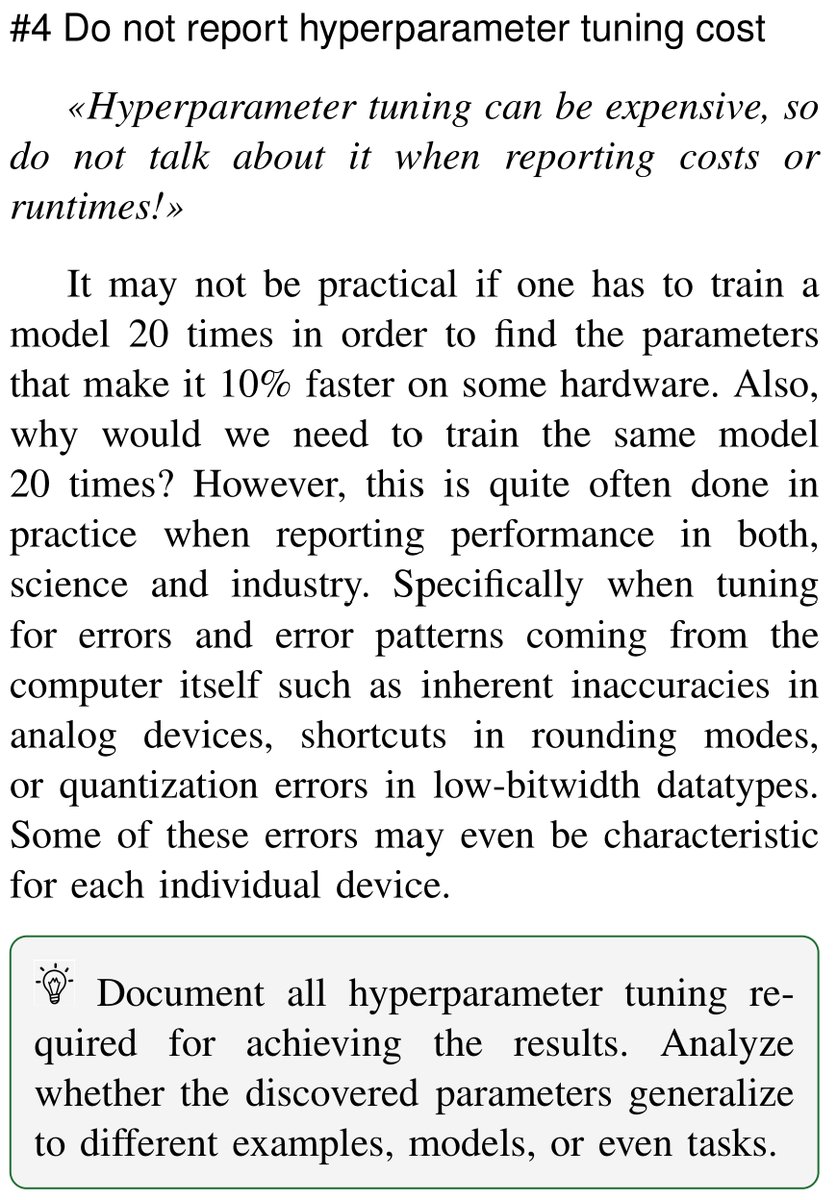 thoefler's tweet photo. #DataScience #HPC #12ways 4: Do not report hyperparameter tuning cost!
"Hyperparameter tuning can be expensive, so do not talk about it when reporting costs or runtimes"
https://t.co/PE0xSqDHUB
> Document all hyperparameter tuning required for achieving the result
@acmrep #AI https://t.co/ASYNys7FpJ