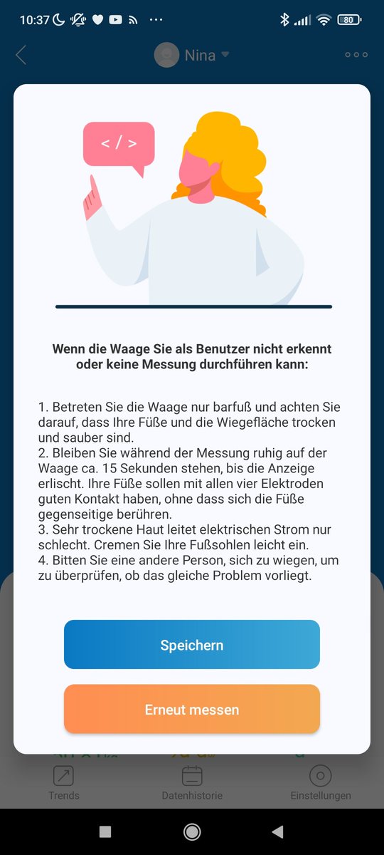 Durch meine Bronchitis während der letzten Tage habe ich 1,5 Kilo abgenommen. Meine Waage findet das scheinbar komplett unrealistisch.