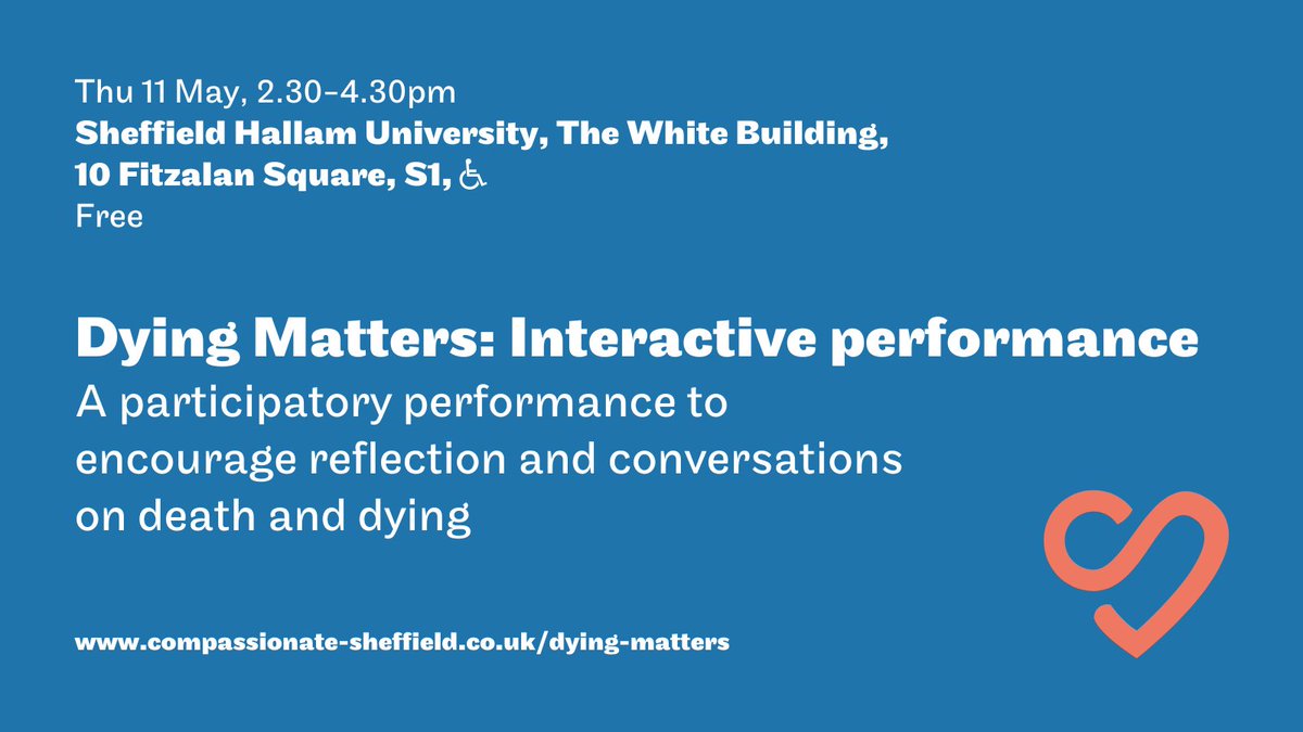 Compassionate Sheffield (@compassionsheff) on Twitter photo Take part in an interactive performance to encourage reflections on death and loss, led by <a href="/MichaelTanKB/">MichaelTanKB</a>
Thu 11 May, 2.30pm, <a href="/Lab4Living/">Lab4Living</a>, Sheffield city centre
Free
Details & booking
eventbrite.co.uk/e/dying-matter… Take part in an interactive performance to encourage reflections on death and loss, led by <a href="/MichaelTanKB/">MichaelTanKB</a>
Thu 11 May, 2.30pm, <a href="/Lab4Living/">Lab4Living</a>, Sheffield city centre
Free
Details & booking
eventbrite.co.uk/e/dying-matter…