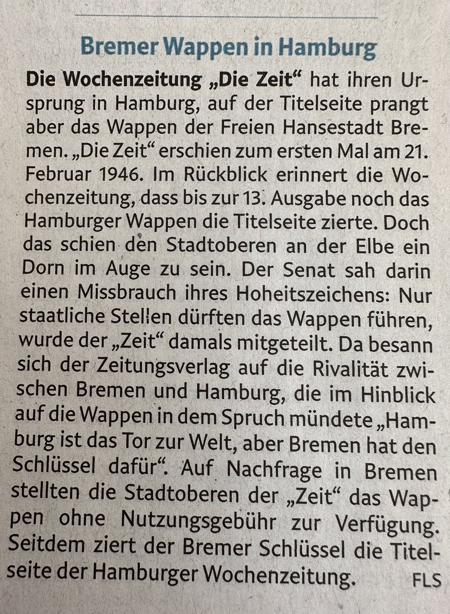 MartinUMueller's tweet photo. Warum die Hamburger @DIEZEIT das Bremer Wappen im Logo hat, erklärt der @weserkurier https://t.co/lNj43bQBdI