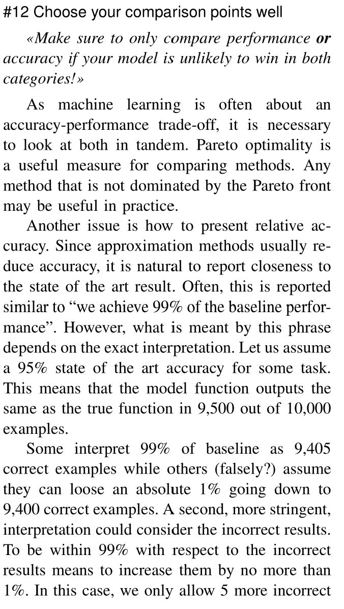 thoefler's tweet photo. #DataScience #HPC #12ways 12: Choose your comparison points well
"Make sure to only compare performance or accuracy if your model is unlikely to win in both categories!"
https://t.co/PE0xSqDHUB
> Always present both accuracy and performance.
@acmrep #AI https://t.co/Fvh7o5Ikhx