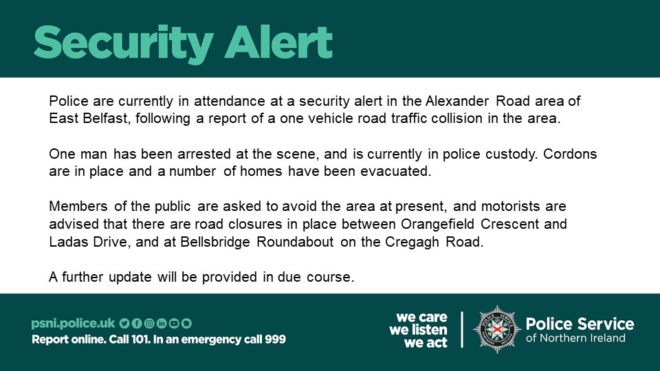 Members of the public are asked to avoid the Alexander Road area of east Belfast due to an ongoing security alert.