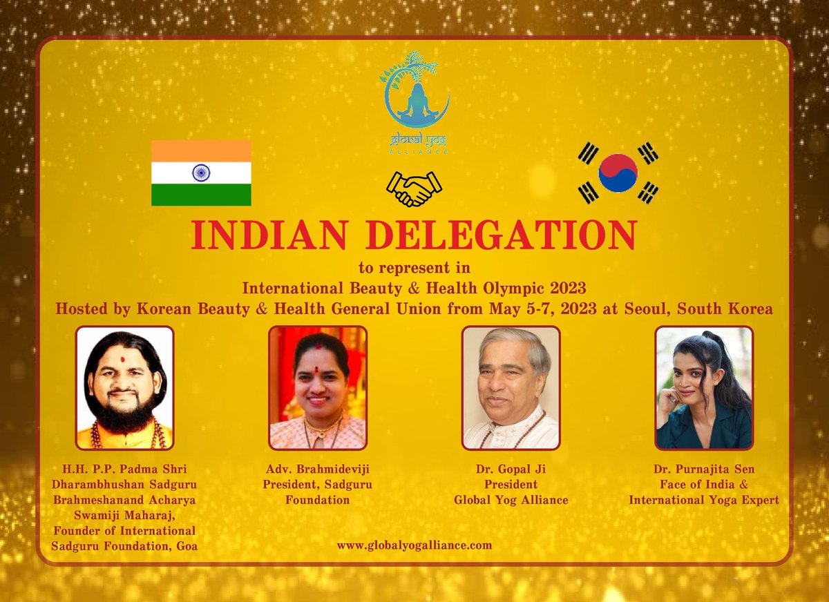 AmanMak55073921's tweet photo. Indian Delegation for International Beauty & Health Olympic 2023 from May 5-7, 2023 at Seoul, South Korea @Sadgurudev_Goa
#yoga #fitness #Olympics #yogapractice #yogainspiration #yogalife #faceofindia #beauty #motivation #indokorea #opportunity #Ayurveda #india #southkorea https://t.co/UtdUwEwMwE