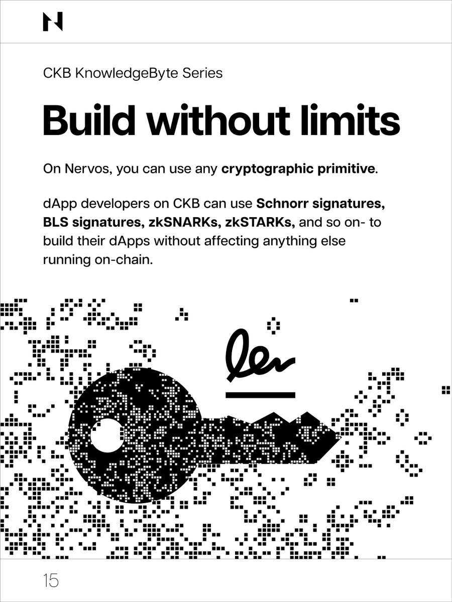 NervosNetwork's tweet image. On #Nervos, you can use any cryptographic primitive! 💻

#dApp developers on CKB can use Schnorr signatures, BLS signatures, zkSNARKs, zkSTARKs, and so on 🔒- to build their dApps without affecting anything else running on-chain🚀 

#CommonKnowledgeBytes 🧠