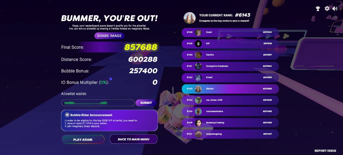 After stopping to play. I tried again and still the results can not be maximized. competition is fierce /
<a href="/Imaginary_Ones/">Imaginary Ones | Bubio.ai</a> 
<a href="/cmttat/">Clement | Imaginary Ones | Bubio.ai</a> 
#ImaginaryRides