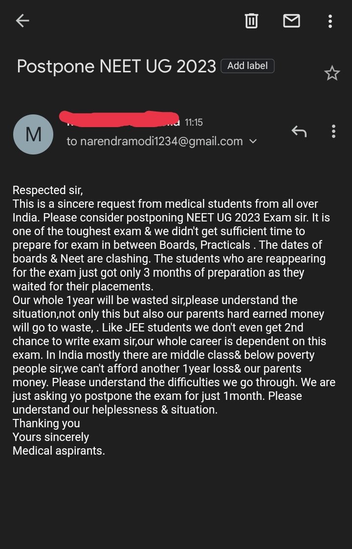 Mehkule_00's tweet photo. @AliKaashifKhan @EduMinOfIndia @DG_NTA Please help sir,@PMOIndia @narendramodi @dpradhanbjp #NEETUG2023POSTPONE #postponeNEETUG2023 https://t.co/amjbMOxUkG