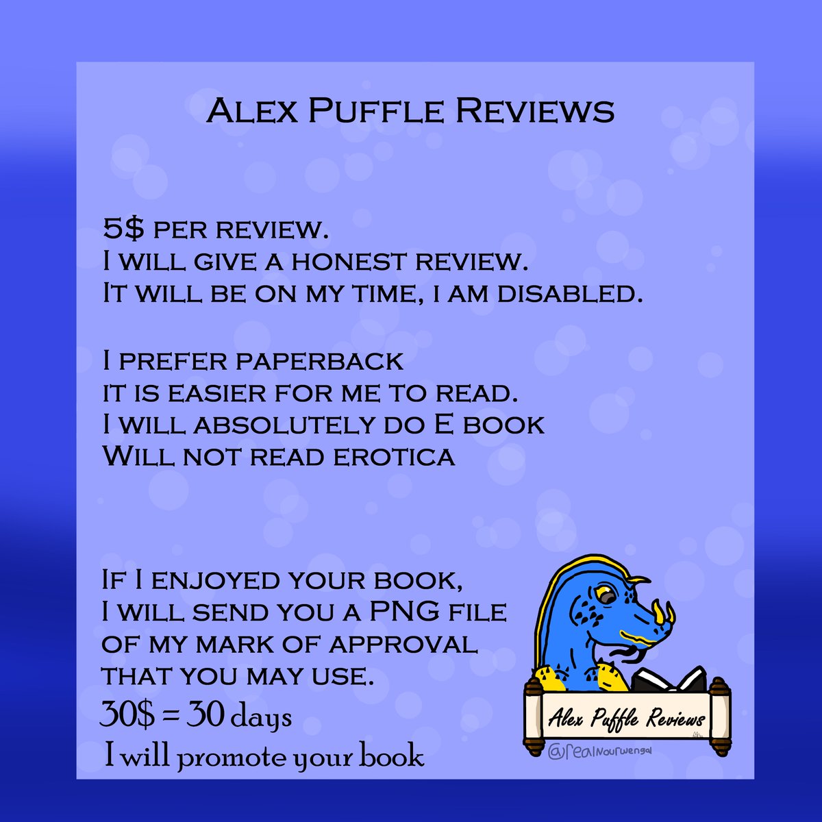 Welcome! I do book reviews, and review exchanges! (i review your book, you review one of mine!) my goal is to help fellow authors, hence why my price is affordable! I hope you consider working with me! 
I also will promo your book!
30$= 30 days! #writerslift #writerscommunity