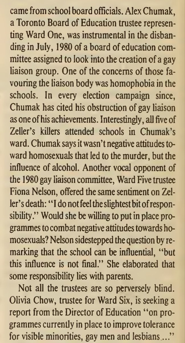 _gmlamb's tweet image. tonight a coworker reminded me that back in 1985, when school librarian kenn zeller was brutally murdered by queer-bashing students, olivia was the only TDSB trustee willing to stick her neck out and ask what systemic issues — and systemic neglects — contributed to this tragedy.