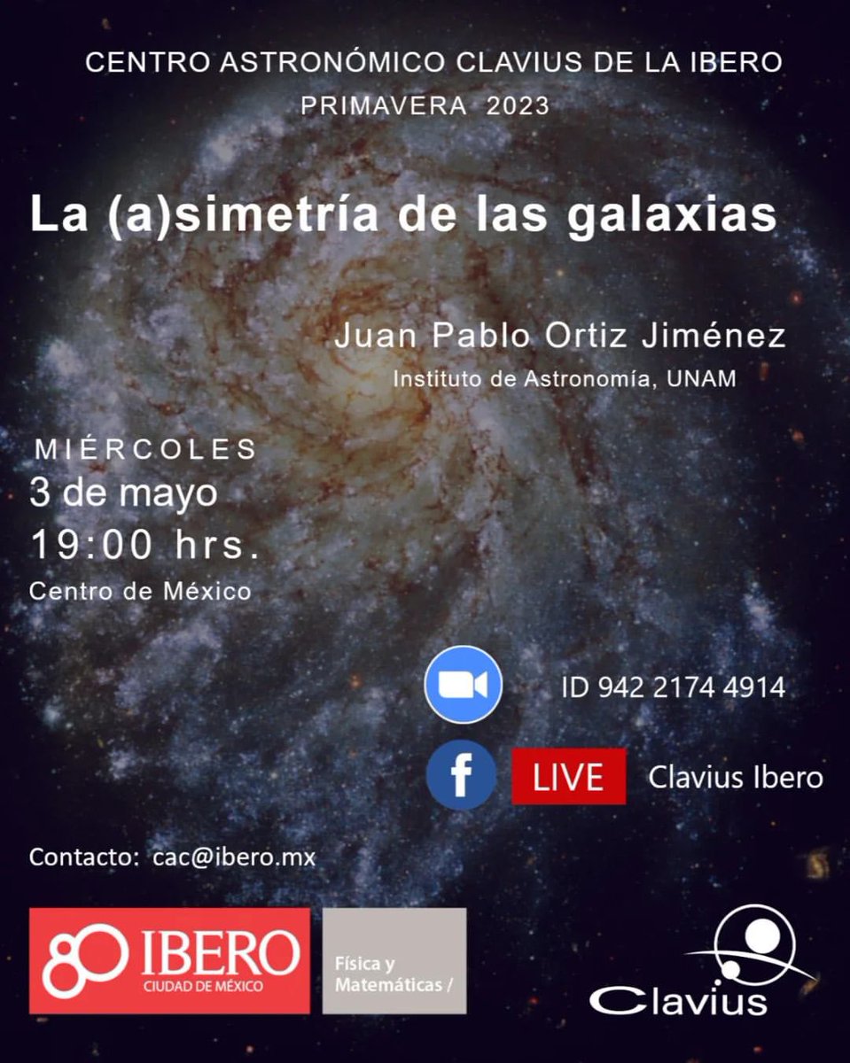 ¡No te pierdas la conferencia de esta semana!

“La (a)simetría de las galaxias”

A través de Zoom (ID: 932 0670 8694) y Facebook Live.