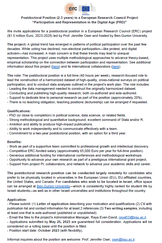 📢Postdoc Call for @ERC_Research project on Political Participation and Representation in the Digital Age! The 2-3 year role requires strong quantitative skills, ambition for high-impact publishing, and can be conducted largely remotely. Apply by May 25: jenniferoser.com/team-3