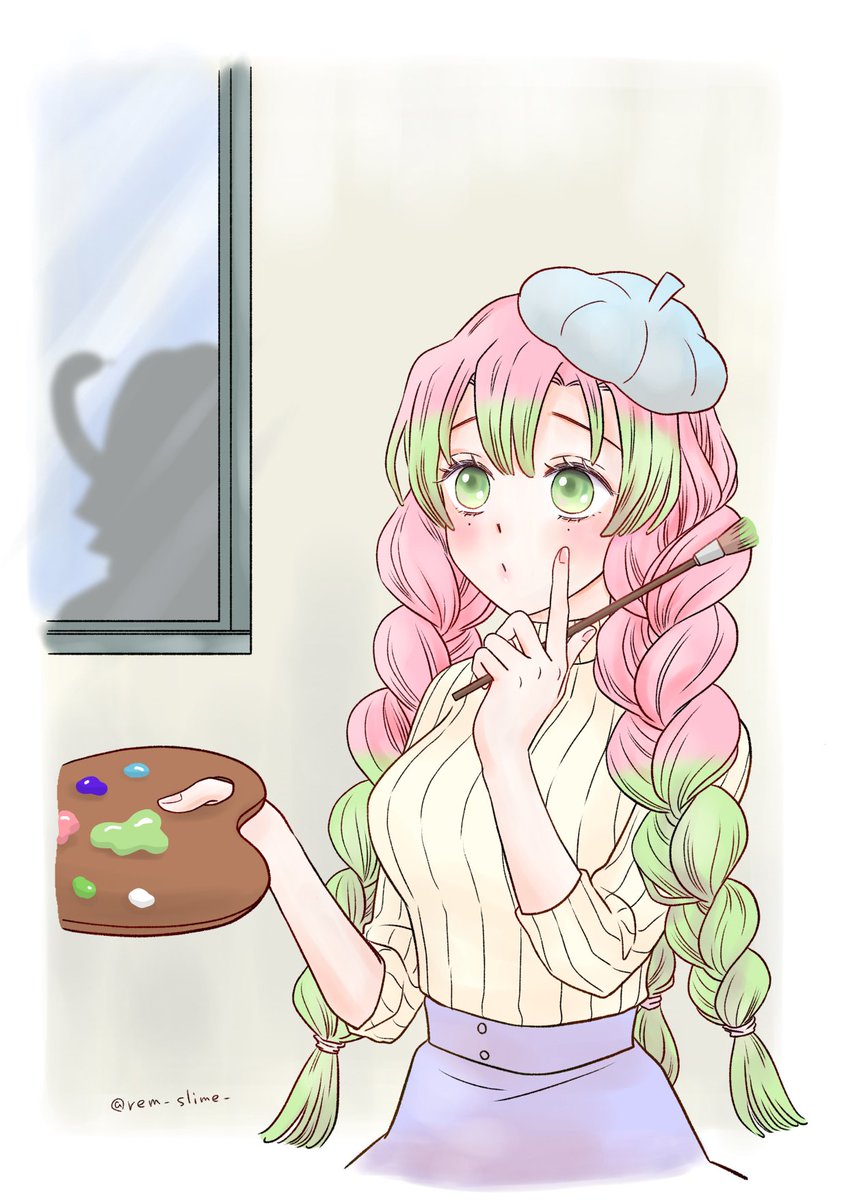 kanroji mitsuri 1girl pink hair green hair braid green eyes mole under eye beret  illustration images