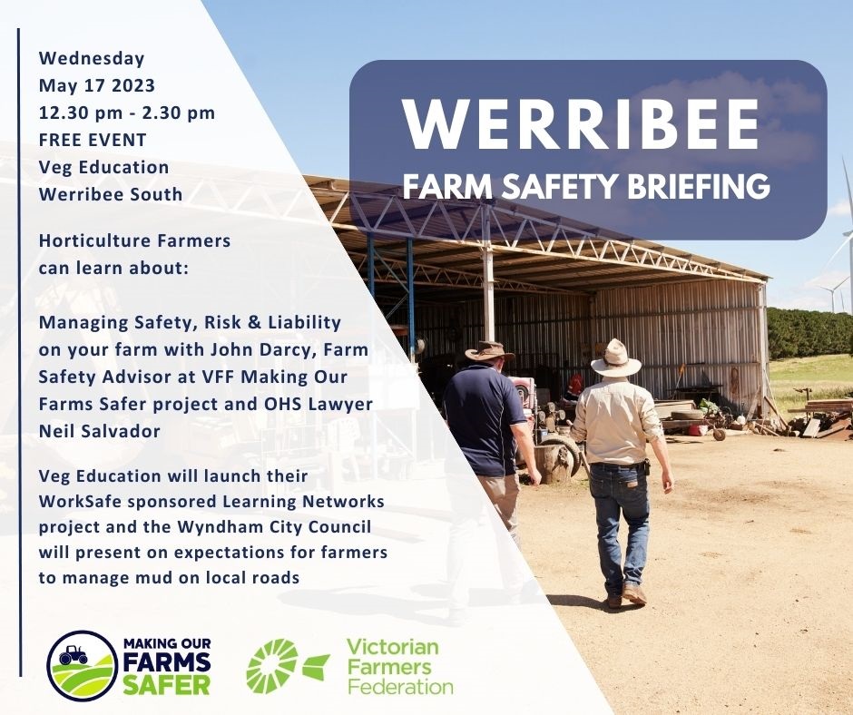 @VFFMOFS Next event!
Werribee Farmers join us on May 17 🚜
More info ➡️bit.ly/WerribeeFSB
@EducationVeg @WyndhamCouncil 
#FarmSafety #AgSafety #Horticulture #Werribee