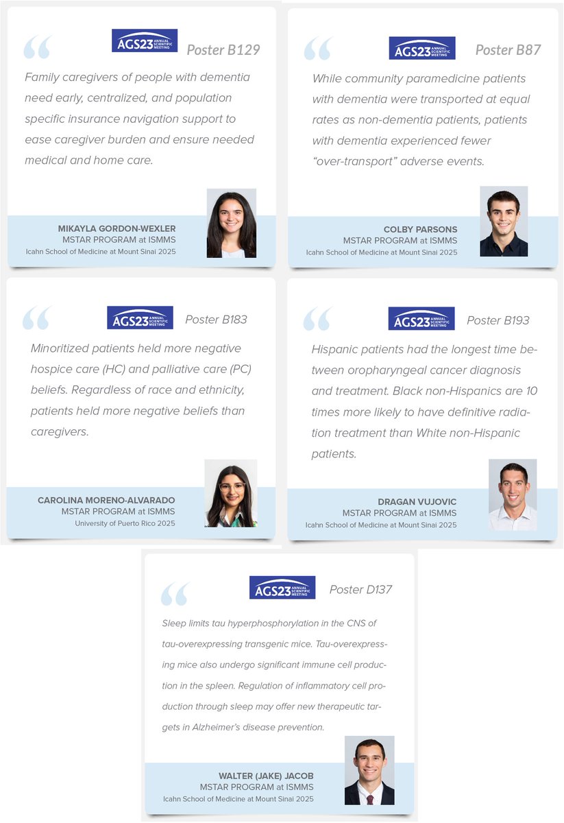 Check out the research projects of the Student Scholars of the @MSTAR_ISMMS at #AGS23 Presidential Poster session Thursday, May 4 at 5PM!
@IcahnMountSinai @medupr @MSHSGeriPalCare @AmerGeriatrics  @AFARorg  @johnahartford @RainMD