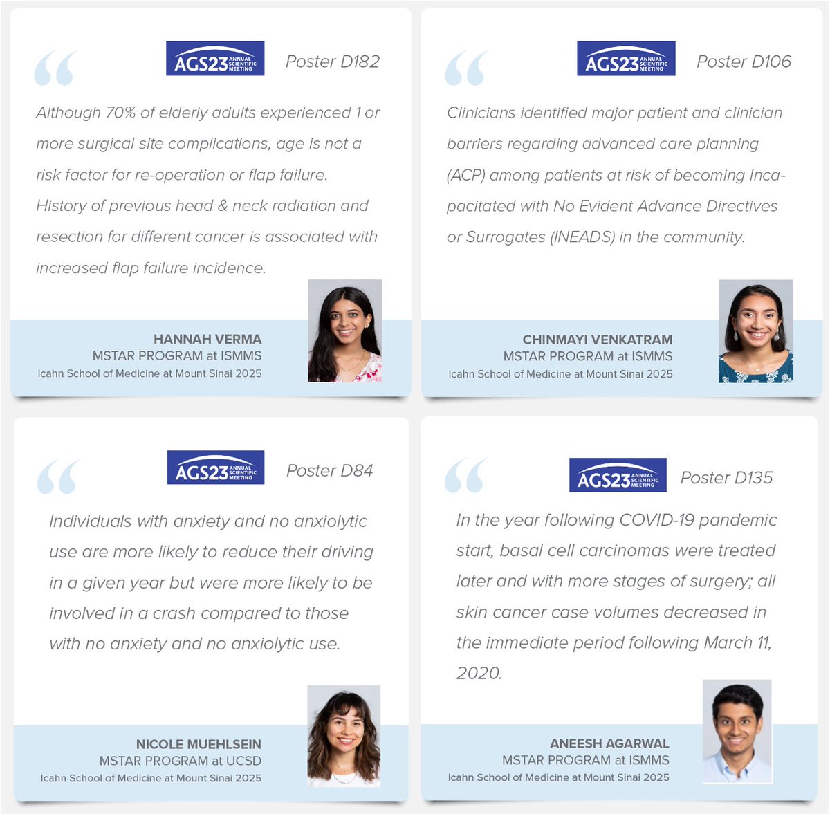 Medical Student Training in Aging Research @ ISMMS (@mstar_ismms) on Twitter photo Come see the Student Scholars of the <a href="/MSTAR_ISMMS/">Medical Student Training in Aging Research @ ISMMS</a> at the Student Poster session on Friday, May 5 at 2:45PM. #AGS23 <a href="/IcahnMountSinai/">Icahn School of Medicine at Mount Sinai</a> @MSHSGeriPalCare <a href="/AmerGeriatrics/">American Geriatrics Society</a> <a href="/NIHAging/">The National Institute on Aging (NIA)</a> <a href="/AFARorg/">AFAR</a> <a href="/johnahartford/">The John A. Hartford Foundation</a> <a href="/RainMD/">Rainier Patrick Soriano, MD</a> Come see the Student Scholars of the <a href="/MSTAR_ISMMS/">Medical Student Training in Aging Research @ ISMMS</a> at the Student Poster session on Friday, May 5 at 2:45PM. #AGS23 <a href="/IcahnMountSinai/">Icahn School of Medicine at Mount Sinai</a> @MSHSGeriPalCare <a href="/AmerGeriatrics/">American Geriatrics Society</a> <a href="/NIHAging/">The National Institute on Aging (NIA)</a> <a href="/AFARorg/">AFAR</a> <a href="/johnahartford/">The John A. Hartford Foundation</a> <a href="/RainMD/">Rainier Patrick Soriano, MD</a>