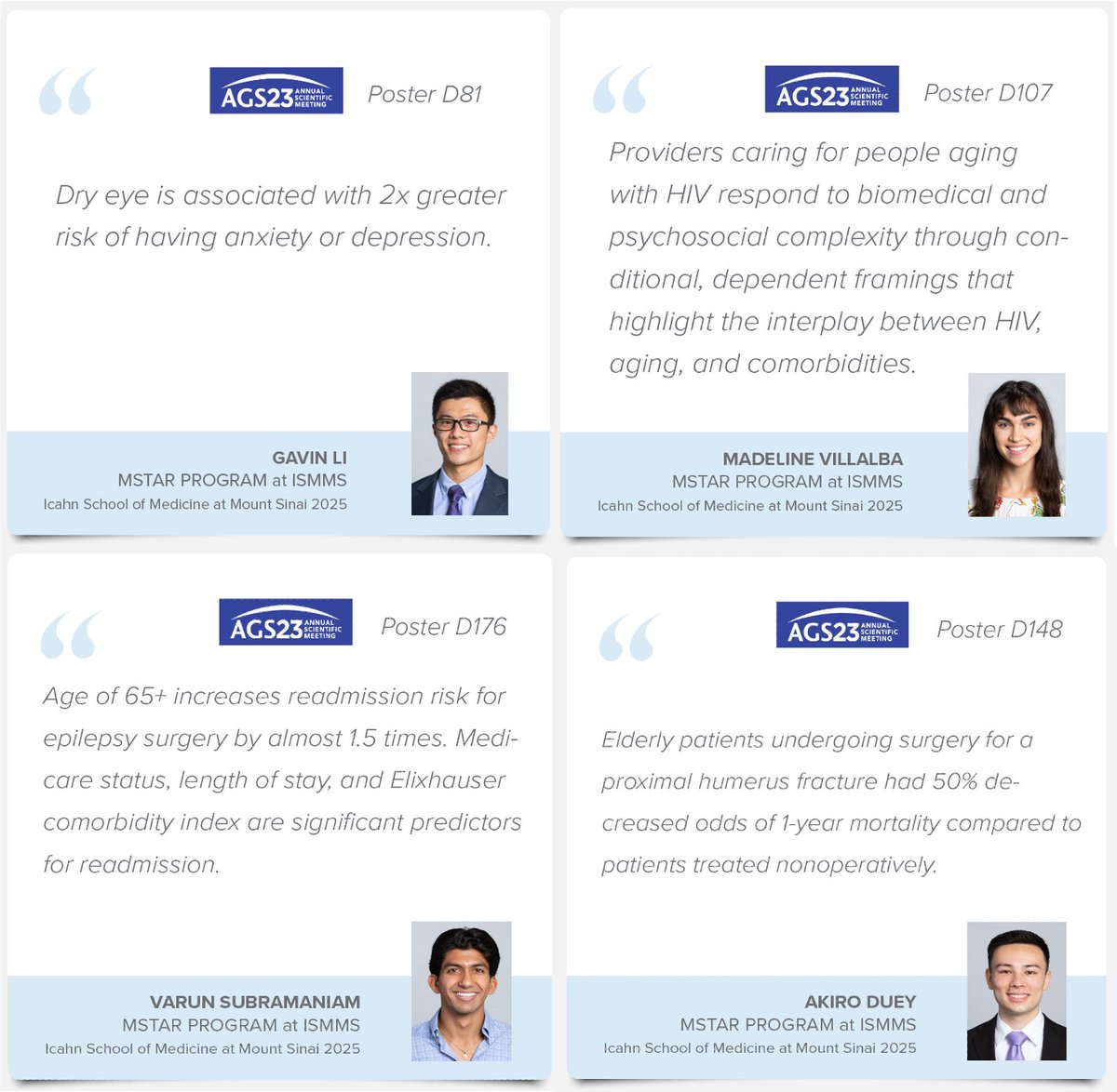 Medical Student Training in Aging Research @ ISMMS (@mstar_ismms) on Twitter photo Come hear the research work of the Student Scholars of <a href="/MSTAR_ISMMS/">Medical Student Training in Aging Research @ ISMMS</a> on Friday, May 5, 2023 at 2:45PM at #AGS23. <a href="/IcahnMountSinai/">Icahn School of Medicine at Mount Sinai</a> @MSHSGeriPalCare <a href="/AmerGeriatrics/">American Geriatrics Society</a> <a href="/NIHAging/">The National Institute on Aging (NIA)</a> <a href="/AFARorg/">AFAR</a> <a href="/johnahartford/">The John A. Hartford Foundation</a> <a href="/RainMD/">Rainier Patrick Soriano, MD</a> Come hear the research work of the Student Scholars of <a href="/MSTAR_ISMMS/">Medical Student Training in Aging Research @ ISMMS</a> on Friday, May 5, 2023 at 2:45PM at #AGS23. <a href="/IcahnMountSinai/">Icahn School of Medicine at Mount Sinai</a> @MSHSGeriPalCare <a href="/AmerGeriatrics/">American Geriatrics Society</a> <a href="/NIHAging/">The National Institute on Aging (NIA)</a> <a href="/AFARorg/">AFAR</a> <a href="/johnahartford/">The John A. Hartford Foundation</a> <a href="/RainMD/">Rainier Patrick Soriano, MD</a>