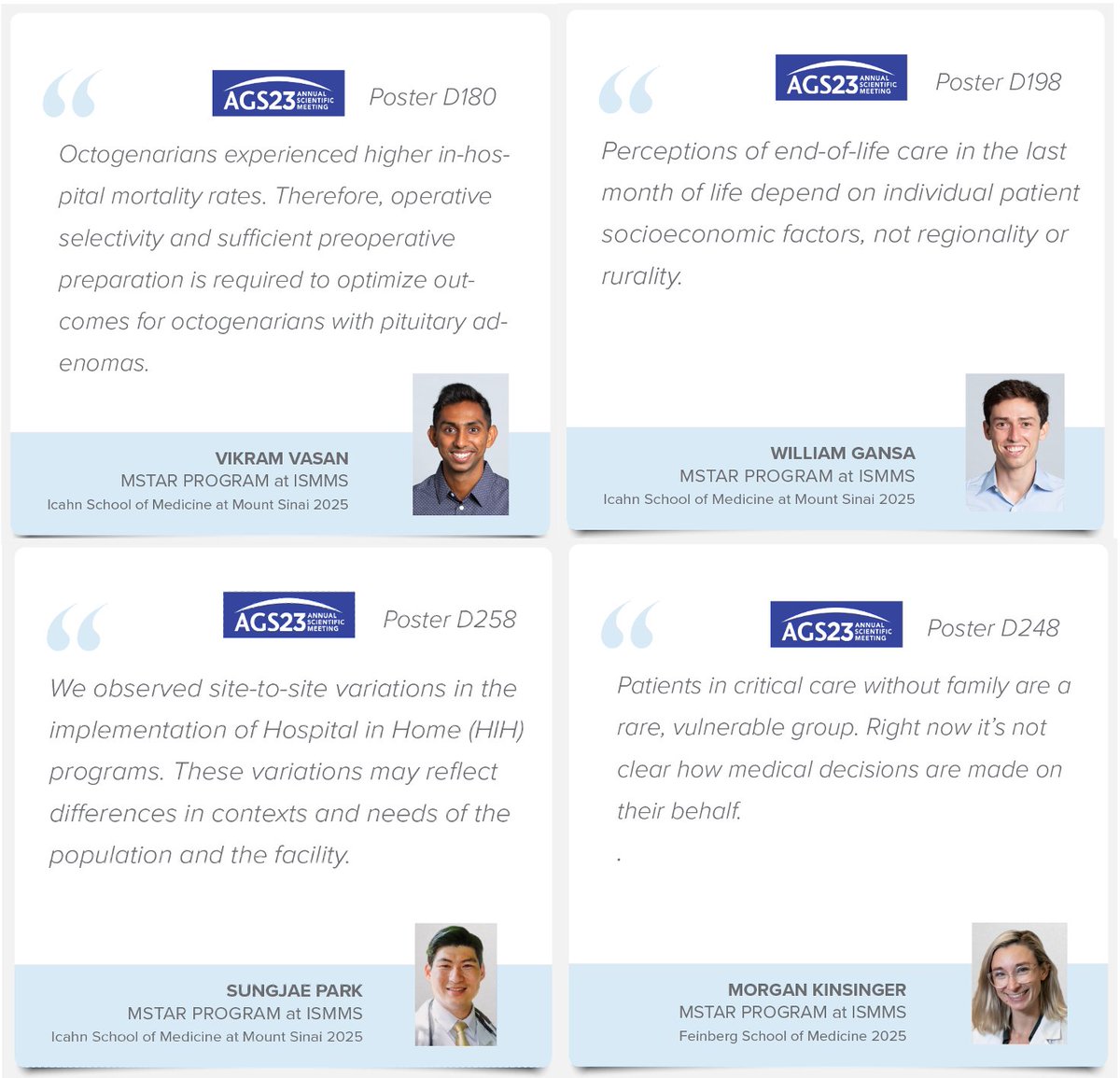 Join the @MSTAR_ISMMS Student Scholars present their research work on Friday, May 5, 2023 at 2:45PM at #AGS23. @IcahnMountSinai @NUFeinbergMed  @MSHSGeriPalCare @AmerGeriatrics @NIHAging @AFARorg @johnahartford @RainMD