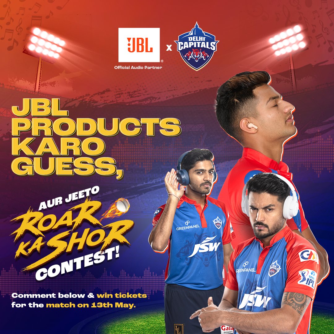 JBLSoundIn's tweet photo. Please RT!
#Contest 
Want to win 🎟️#FreeTickets 🎟️ to the @DelhiCapitals  match🏏 on 13th May at Arun Jaitley Stadium?

#JBLxDC #JBLGiveaway #ContestAlert #JBL #CricketLovers #DelhiCapitals https://t.co/T0SoUVjWIE