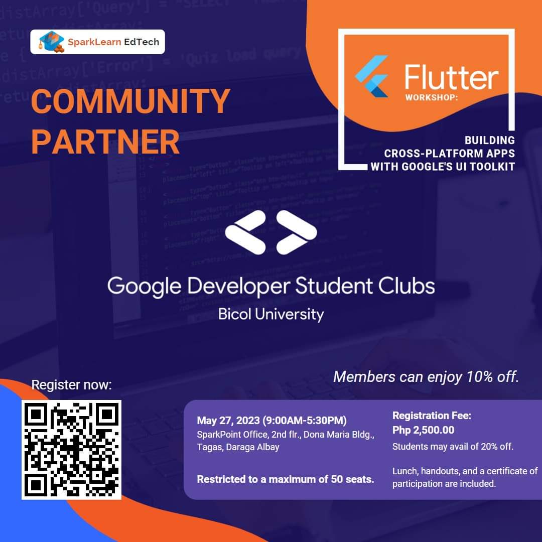 SparkLearnET's tweet photo. Flutter is an open-source framework by #Google for building creative, multi-platform #applications. 

Kaya big shoutout sa Google Developer Student Clubs from Bicol University bilang isa sa mga #community partners para sa ating #FlutterWorkshop! 🚀 https://t.co/vZ1sUOvwIi