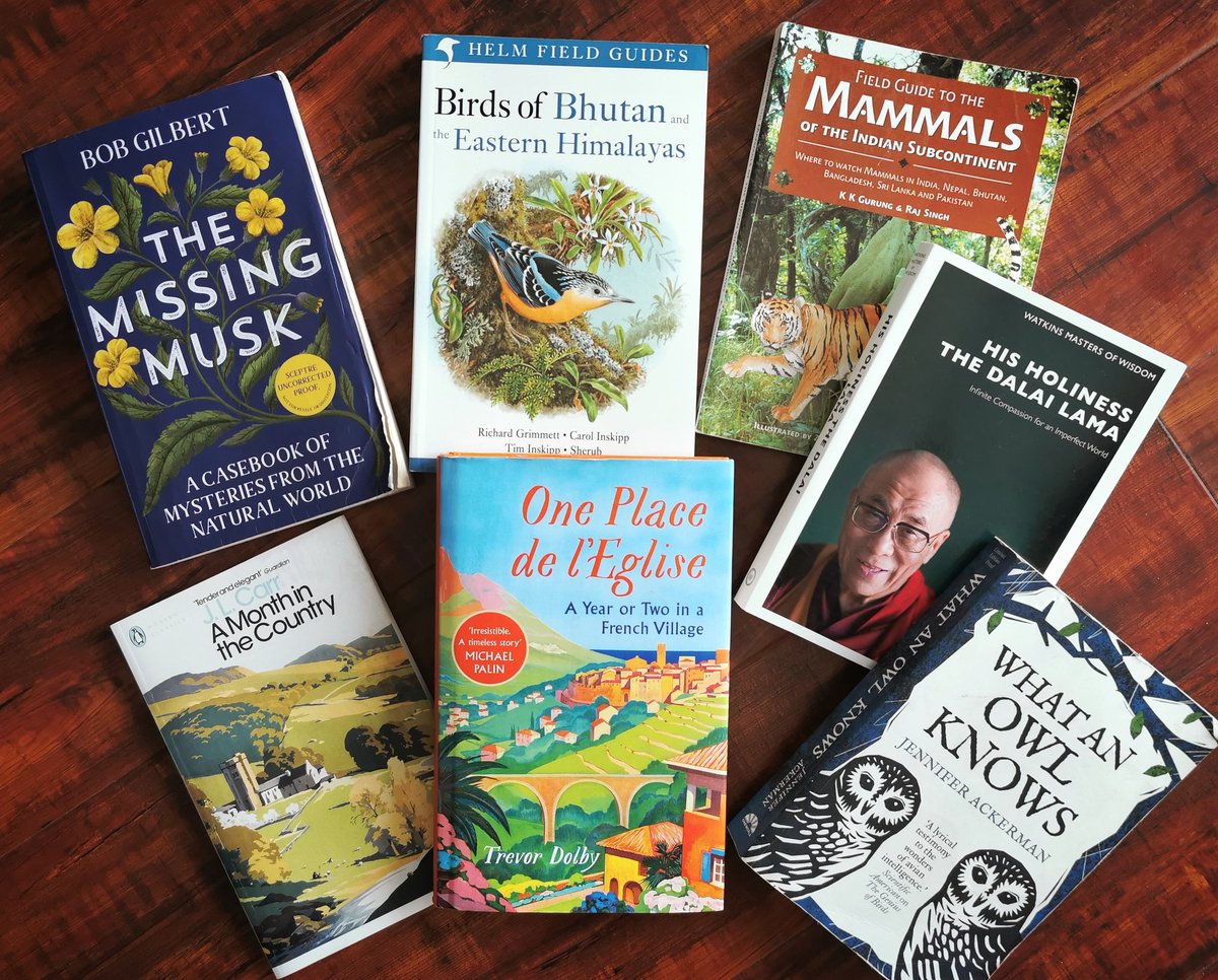 jraldred's tweet photo. An eclectic bunch of EXCELLENT books that have kept me company whilst #filming #wildlife in #Bhutan this past month.
Beautifully written and thoroughly enjoyable - perfect travelling companions!
#BobGilbert
#TrevorDolby
#JLCarr
#JenniferAckerman
#DalaiLama
#NatureDocumentary https://t.co/w3FFho350d