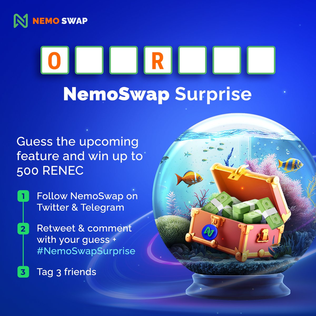 🌊🐠🐟 Something fishy is coming to NemoSwap! Get ready for the #NemoSwapSurprise mini-game, where you can guess the upcoming feature &amp; win up to 500 #RENEC
1️⃣ Follow <a href="/NemoSwapDEX/">NemoSwap</a> &amp; t.me/nemoswapdex
2️⃣ Retweet &amp; comment your guess + #NemoSwapSurprise
3️⃣ Tag 3 friends