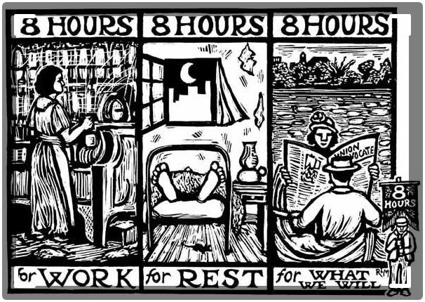 Verdeling van de achturige werkdag: acht uur werk, acht uur rust, acht uur recreatie