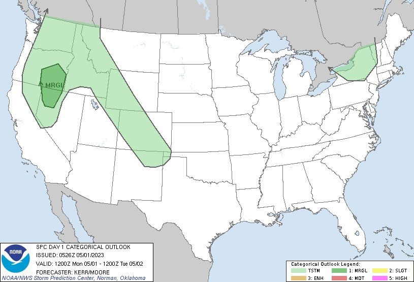 NWSSPC's tweet photo. 12:28am CDT #SPC Day1 Outlook Marginal Risk: late this afternoon and evening across parts of northwestern Nevada into southeastern and central Oregon https://t.co/TgJgC6cQZw https://t.co/SFlJUoevwe