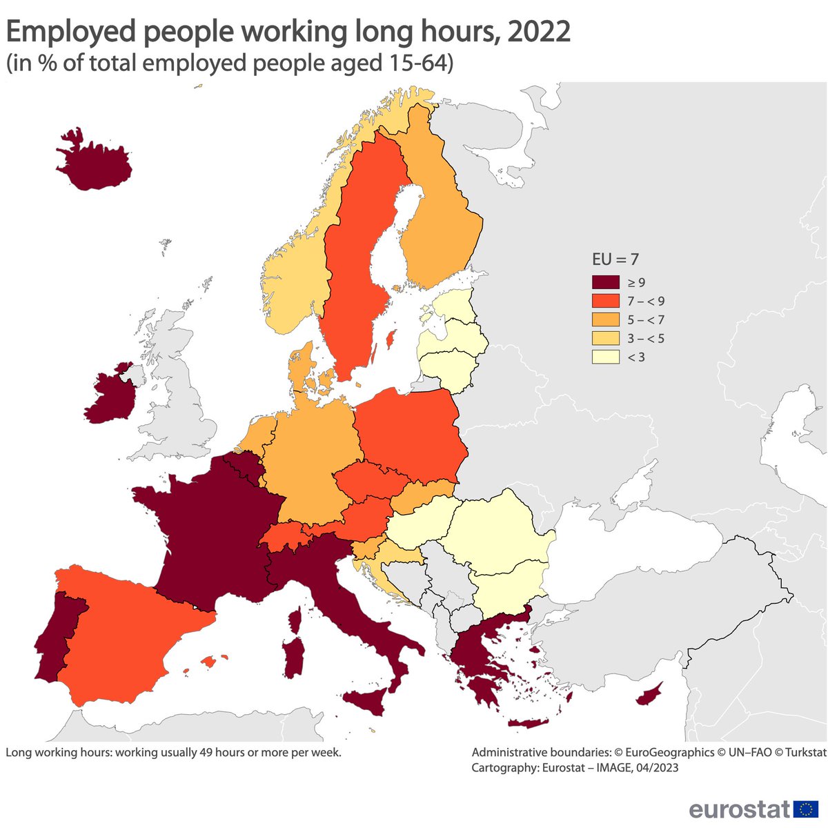 EU_Eurostat's tweet photo. 💼⏱️7% of EU employed worked long hours

In the EU, 🇬🇷Greece (13%) had the highest share of workers with long hours (49 hours or more per week) in their main job in 2022. Followed by 🇫🇷France &amp; 🇨🇾Cyprus (each 10%)

👉https://t.co/h0XsKrpu9y

#WorkersDay #InternationalWorkersDay https://t.co/psaTmKQFSF