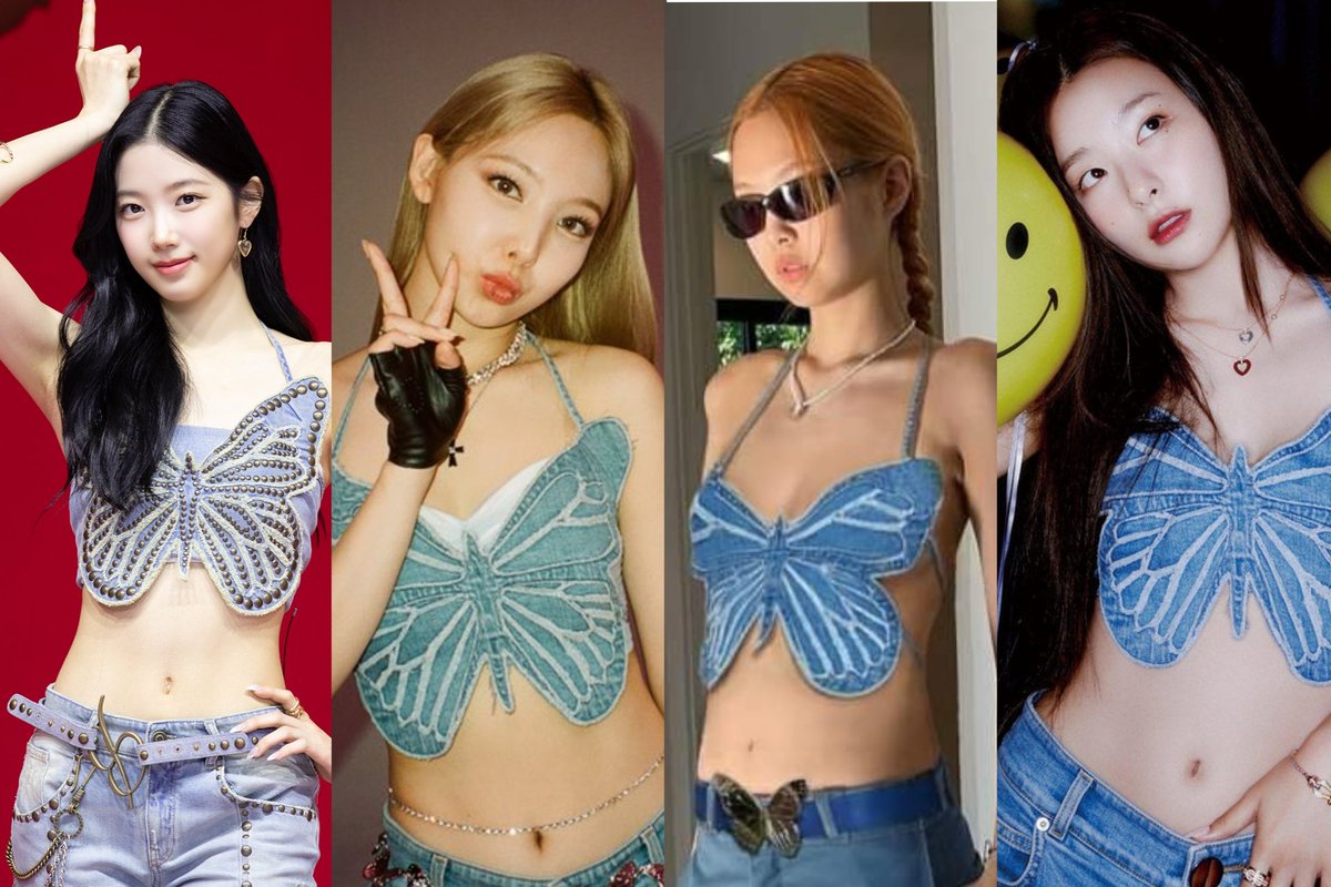kazuha, nayeon, jennie, and seulgi wearing the same butterfly top 😁