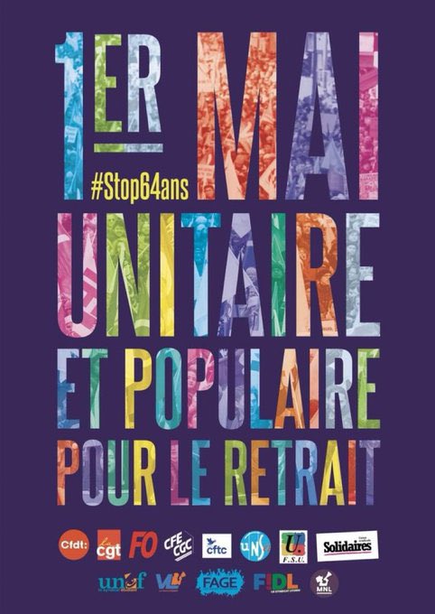 Parce que le #1erMai2023 est la fête de la solidarité des travailleur•euse•s, dans le cortège parisien, des syndicalistes de plus d’une quinzaine de pays et les secrétaires généraux d’organisations syndicales internationales @ituc @etuc_ces seront aux côtés de l’intersyndicale