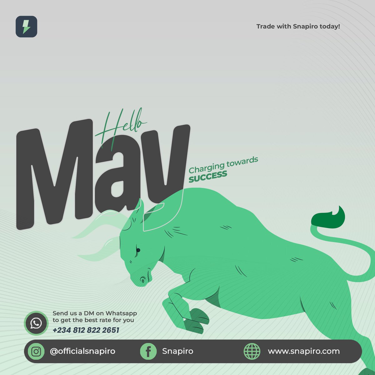 getsnapiro's tweet photo. Here's to a month of good fortune, profitable trades, and an unstoppable bull-run.
Happy New Month!
#Snapiro #P2P #Crypto #BTC #BNB #ETH #Exchange https://t.co/QiHFDuibJL