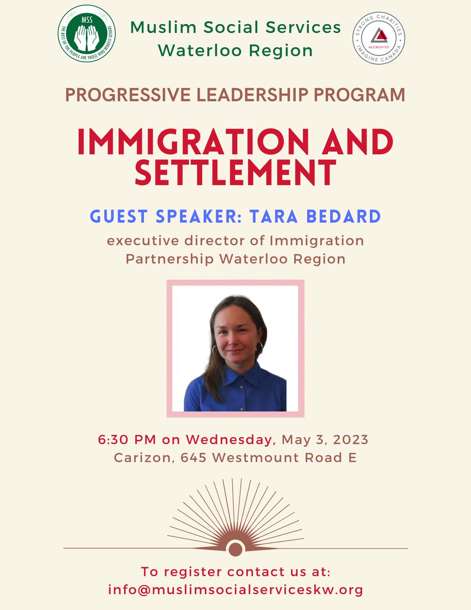 MSS_WR_'s tweet photo. For this week’s session of our Progressive Leadership Program we will be discussing the topic of immigration and settlement in Canada. Everybody is invited! To register for attending the program, please email us at info@muslimsocialserviceskw.org https://t.co/JoQOCzL7HM
