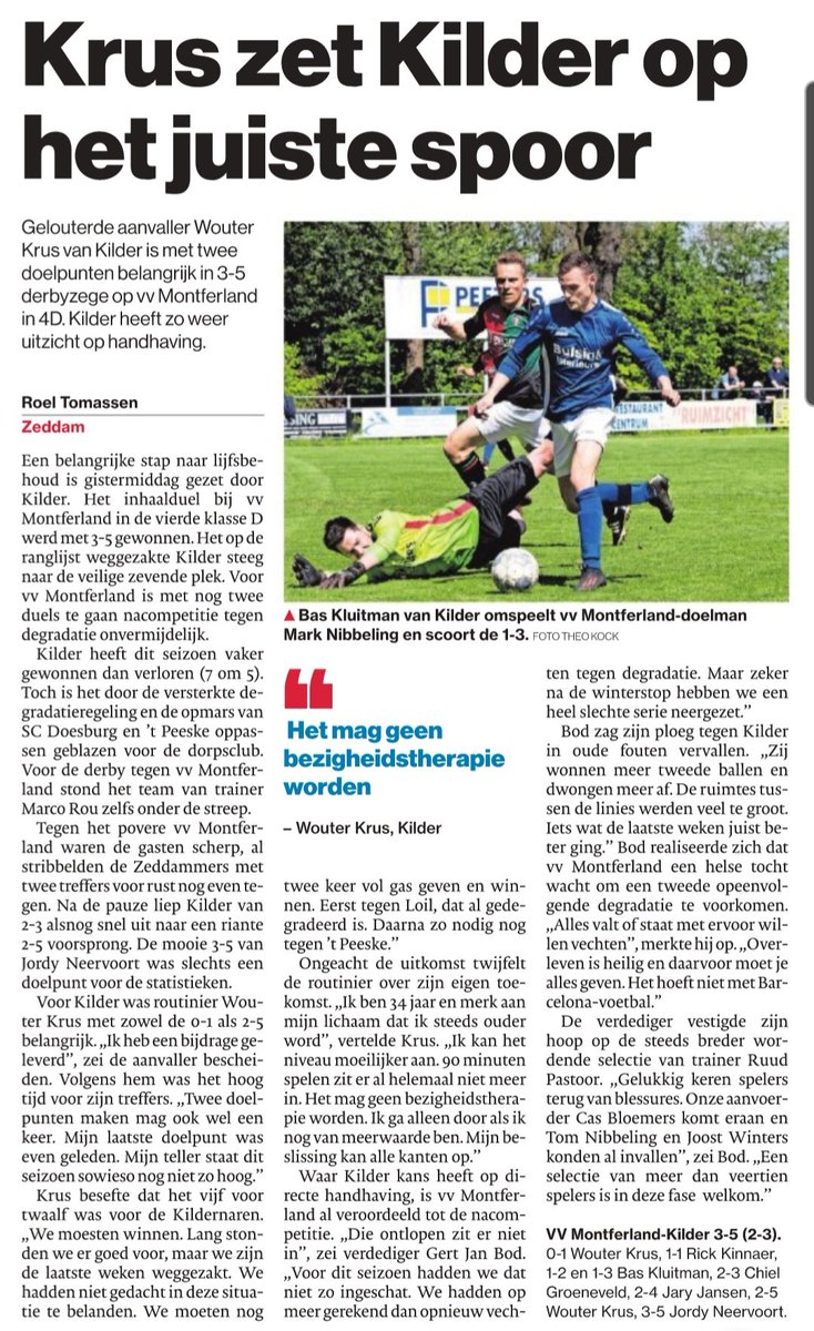 Routinier Wouter Krus belangrijk voor Kilder in derbyzege tegen vv Montferland.