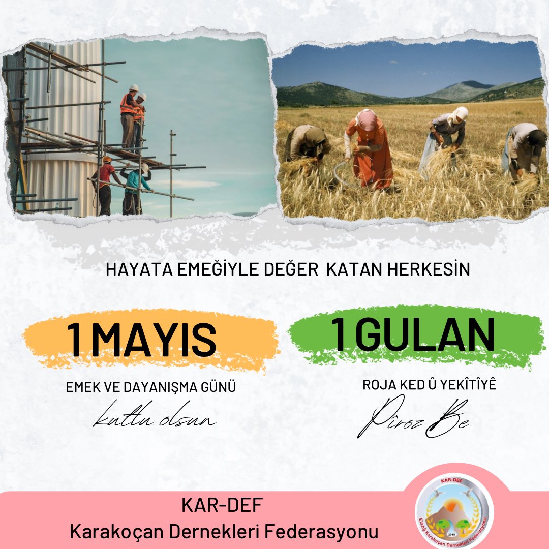 kar_def's tweet photo. Hayata emeğiyle değer katan herkesin 1 Mayıs işçi-emekçi Bayramı kutlu olsun!

Roja 1’ê Gulan’ê li tevahî karker û kedkaran pîroz be!

#1Mayıs
#YekGulan 
#1Gulan https://t.co/2FgplIIwau