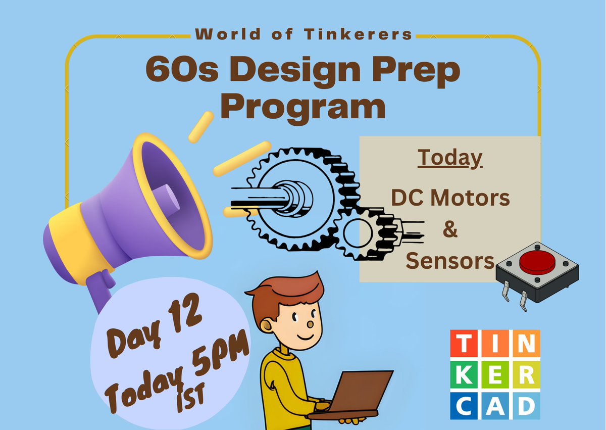wrldoftinkerers's tweet image. Hello Guys, The Day 12 will be live at 5PM IST and 11.30AM GMT.    
Today We will be talking about DC Motors with Arduino.  Stay tuned.     
#kidsrobotics #coding #kidscoding #tinker #tinkercad #circuitdesign #arduino #led #sensor #scratchprogramming youtube.com/@WorldOfTinker…